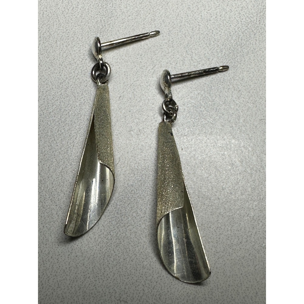 Sterling Silver Textured Folded Quill Drop Earrings Modernist Dangle Post Back